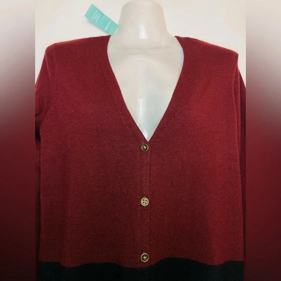 Maurices Black Maroon Color Block Long Cardigan Sweater Womwn Size Small Stretch - Picture 4 of 7